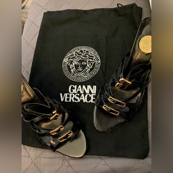 Versace Shoes - Genuine black Versace size 6 with gold Medusa heels with dust bag & box